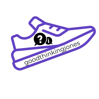 A purple-outlined trainer logo containing two black speech bubbles with a question mark and an 'i' icon. The text 'goodthinkingjones' is written in black along the side of the shoe A purple-outlined trainer logo containing two black speech bubbles with a question mark and an 'i' icon. The text 'goodthinkingjones' is written in black along the side of the shoe